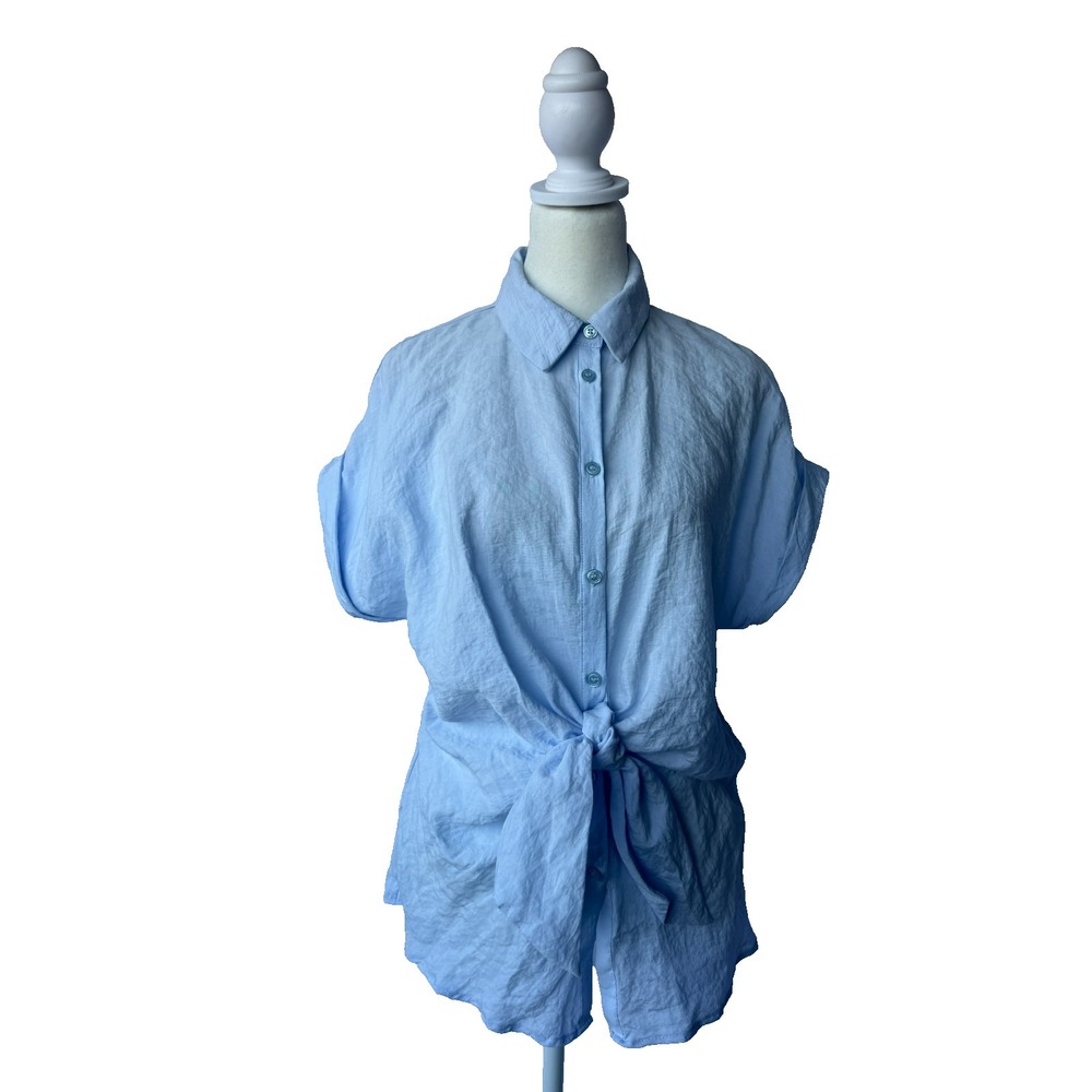 Zara Button Up Womens Small Blue Tie‎ Front Cottagecore Cuffed Sleeve Clean Girl